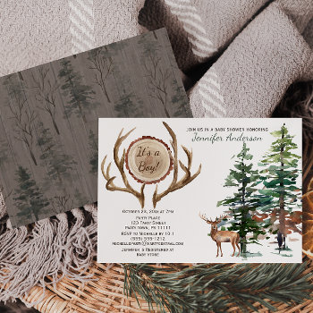 Forest Woodland Country Deer Antler Baby Shower Invitation by MaggieMart at Zazzle