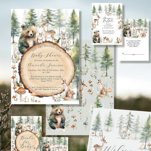 Forest Woodland Cute Animals Bear Deer Baby Shower Invitation