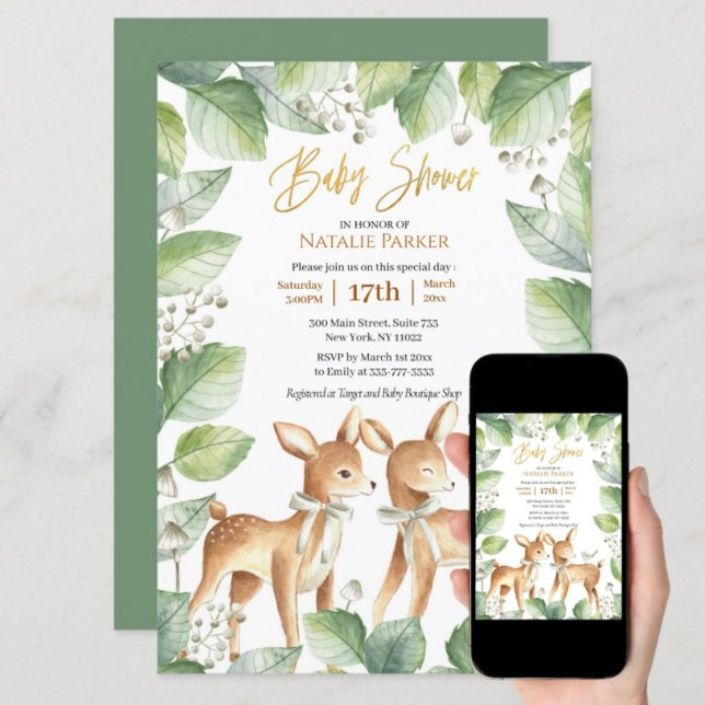 Forest Woodland Deer Floral Greenery Baby Shower Invitation (Creator Uploaded)