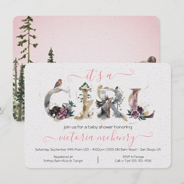 Forest Woodland Watercolor Girl Baby Shower Invitation (Front/Back)