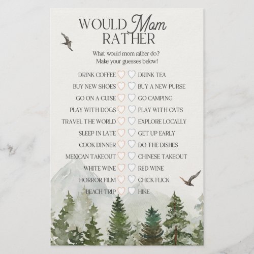 forest woodland would mom rather baby shower game