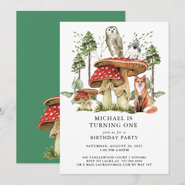 Forest Woodlands Boy first Birthday Invitation (Front/Back)