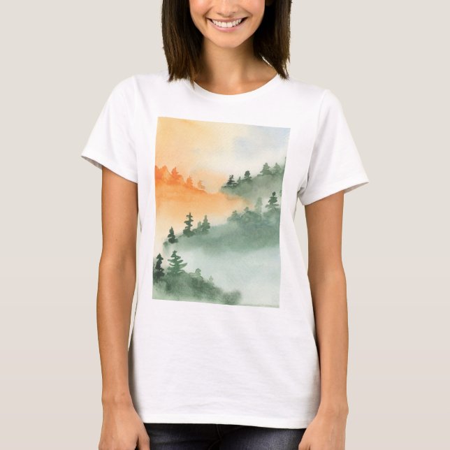 Forest Woods Slope Hills Haze Fog Watercolour Grap T-Shirt (Front)
