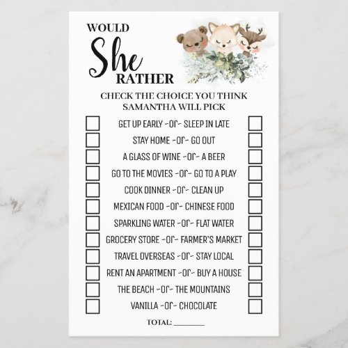 Forest Would She Rather Baby Shower Game Card Flyer