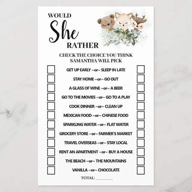 Forest Would She Rather Baby Shower Game Card Flyer (Front)