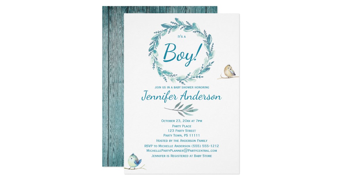 Forest Wreath Bird Rustic Country Boy Baby Shower Invitation