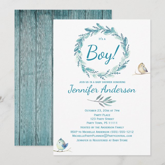 Forest Wreath Bird Rustic Country Boy Baby Shower Invitation (Front/Back)