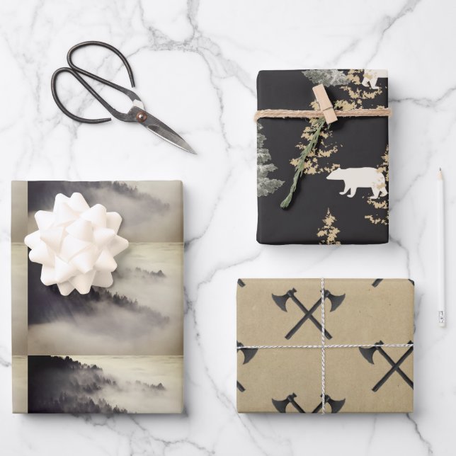 Forests, axes, mountains black and stone wrapping  paper sheets (Front)