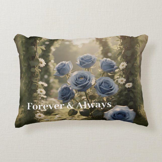 Forever & Always – Romantic Blue Rose Floral Gift  Accent Pillow (Front)