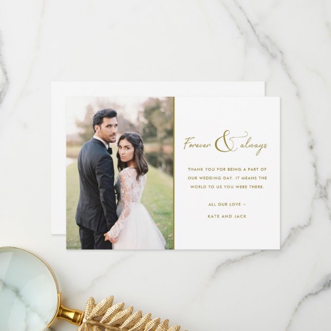 Forever and Always Gold Wedding Photo Thank You Card (Front/Back In Situ)