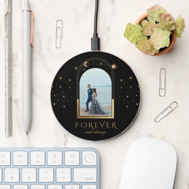 FOREVER AND ALWAYS Wedding Black Celestial Photo Wireless Charger (Desk)