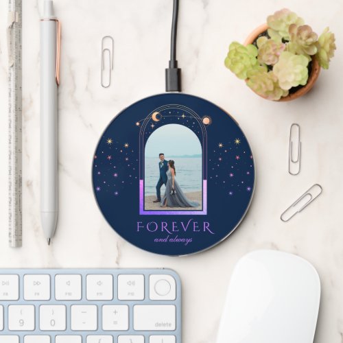 FOREVER AND ALWAYS Wedding Blue Celestial Photo Wireless Charger