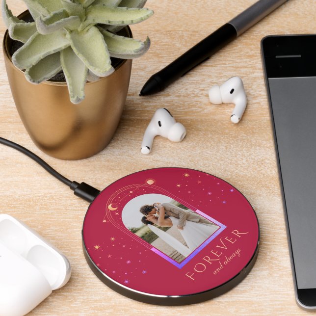 FOREVER AND ALWAYS Wedding Magenta Celestial Photo Wireless Charger (Desk 2)