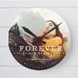 Forever Be My Always Love Wedding Photo Script Round Clock<br><div class="desc">Ditch the cheesy clichés and make Valentine's Day swoon-worthy! This clock is guaranteed to melt hearts and steal the show. Go ahead, turn time into a love poem and say "I'll love you forever" in every tick! Custom modern chic photo clock with hand-lettered script and modern typography reading:' Forever be...</div>