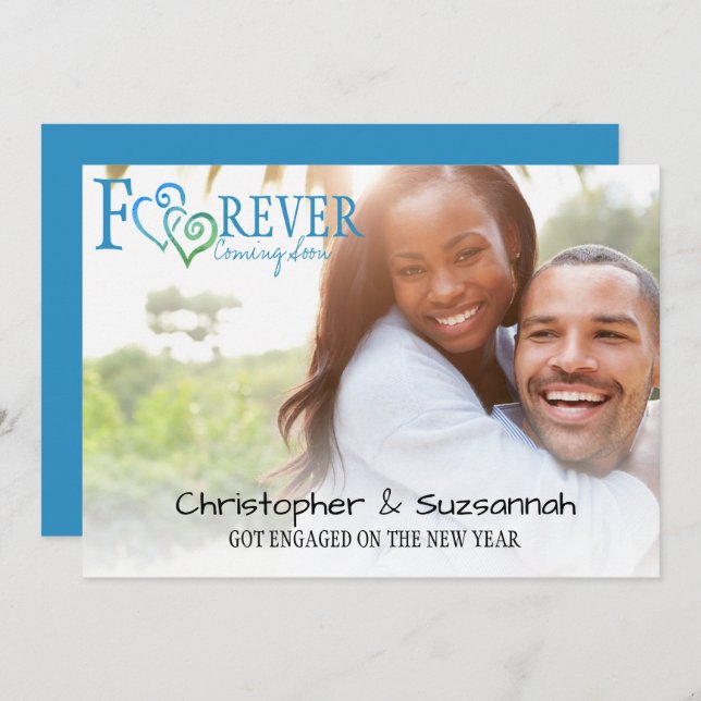 FOREVER Blue Green Linked Hearts Engagement Announcement (Front/Back)
