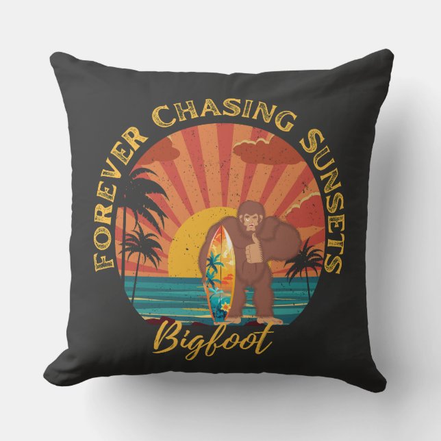 Forever Chasing Sunsets Bigfoot Surfing Black Throw Pillow (Front)