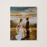 Forever elegant design overlay wedding picture jigsaw puzzle<br><div class="desc">Showcase your favorite wedding picture with this modern puzzle,  with the word Forever in a beautiful text overlay. You can easily change the color and size of the text to fit your picture.</div>