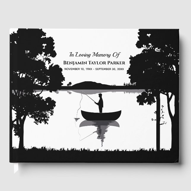 Forever Fishing Memorial Funeral Black And White Guest Book (Front)