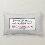 "Forever, For Always, No Matter What" Couple Gift Lumbar Pillow<br><div class="desc">This beautiful pillow is the perfect gift for that special couple! Makes a wonderful gift for wedding, engagement, or anniversary. Features burgundy and black text on a faux gray burlap background, with a gray monogram letter. (Text colors can be changed to suit your décor.) Image is on both sides of...</div>
