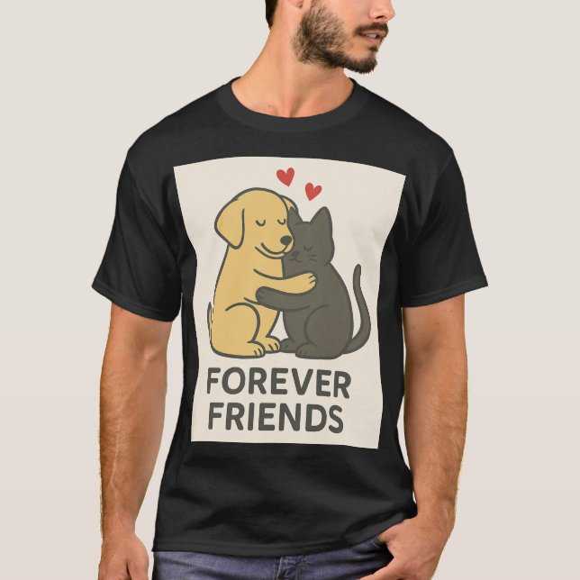 Forever Friends Cat & Dog Hugging T-Shirt | Cute P (Front)