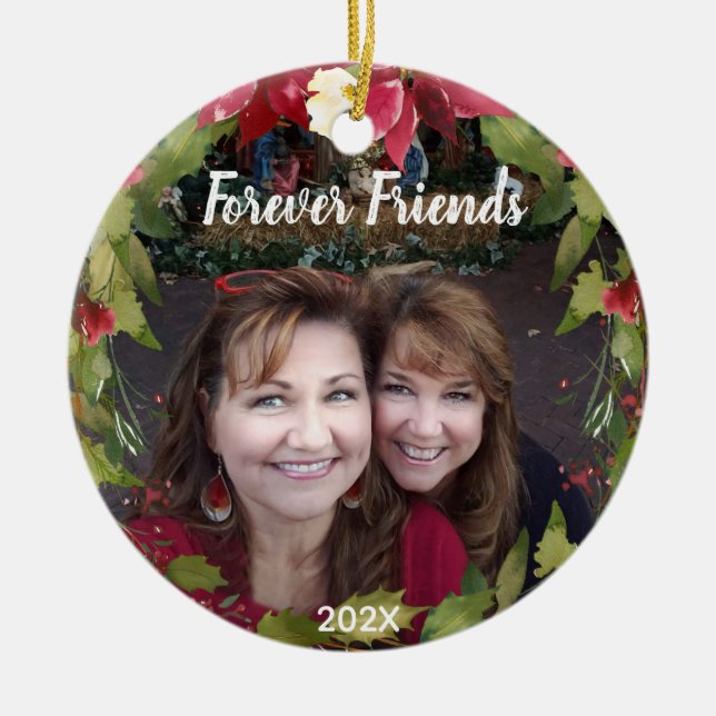 Forever Friends Closer Than a Sister Floral Wreath Ceramic Ornament (Front)