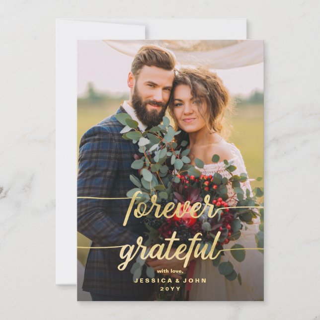 Forever Grateful Faux Gold Foil 2 Photo Wedding Thank You Card (Front)
