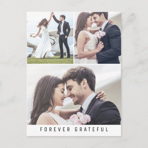 Forever Grateful Simple 3 Photo Wedding Thank you Postcard