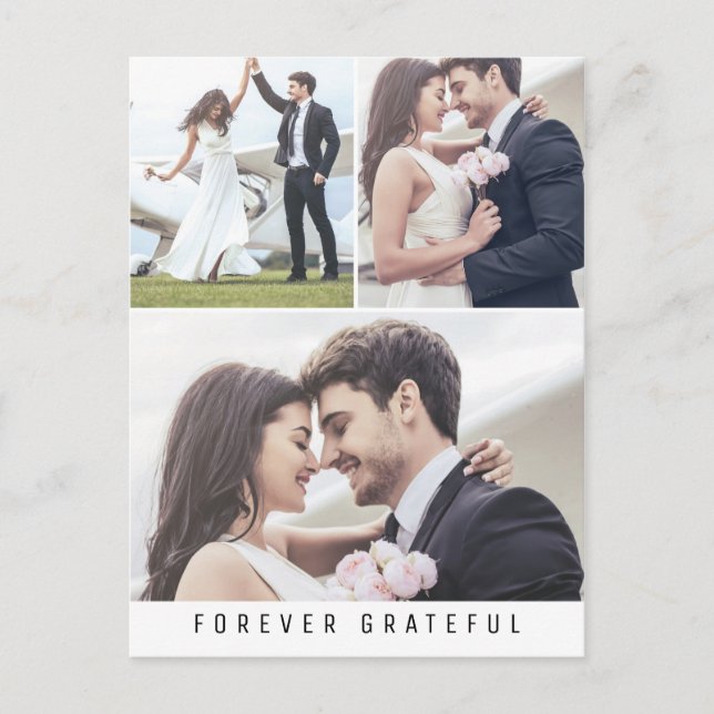 Forever Grateful Simple 3 Photo Wedding Thank you Postcard (Front)