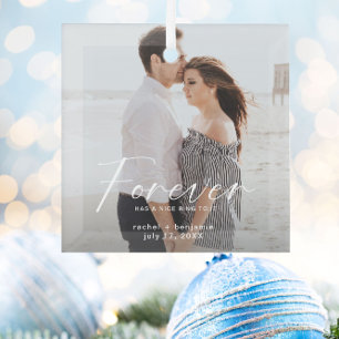 Forever has a nice ring Photo Engagement Modern Glass Ornament