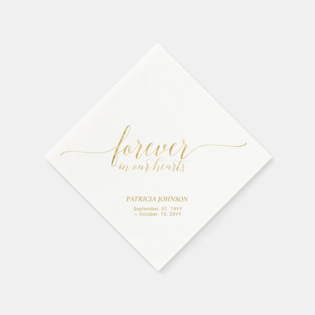Forever Hearts | Elegant Gold Script Memorial Napkins (Corner)