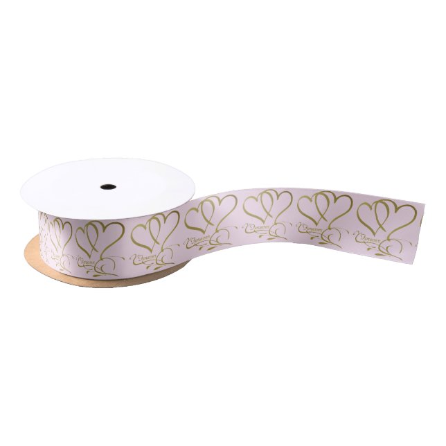 Forever Hearts Gold on Pink Satin Ribbon (Spool)