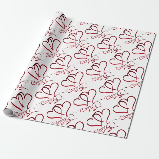 Forever Hearts Red on White Wrapping Paper (Unrolled)