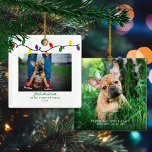 Forever Home First Christmas Pet Rescue Photo Ceramic Ornament<br><div class="desc">Rescued Pet First Christmas is the perfect take on First Christmas! Cute, Modern yet Rustic Christmas Holiday Photo Square Ornaments featuring adorable little string of colorful Christmas lights in red, green, yellow, and purple, along with modern typography. Great for dogs, cats, bunnies, and even rescued mice! Add 2 of your...</div>