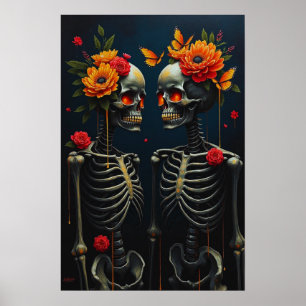 Forever in Bloom: Skeleton Lovers with Golden Soul Poster
