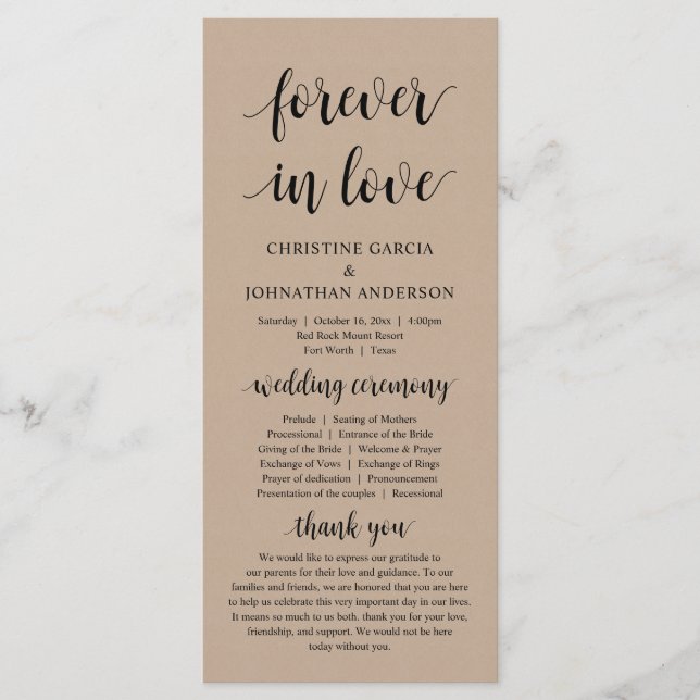 Forever in love, Modern Wedding Ceremony, Kraft Program (Front)