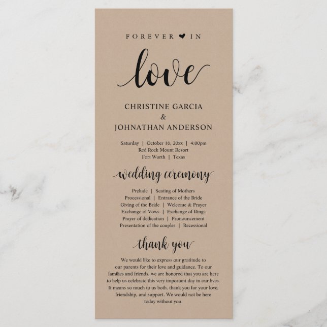 Forever in love, Modern Wedding Ceremony, kraft Program (Front)