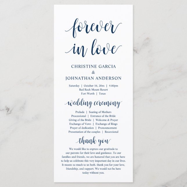Forever in love, Modern Wedding Ceremony, Navy Program (Front)