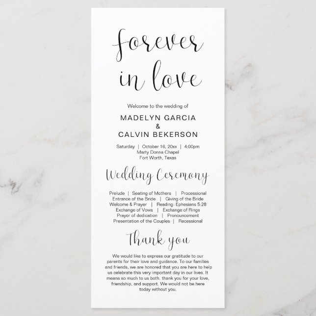 Forever in Love, Modern Wedding Ceremony Program (Front)