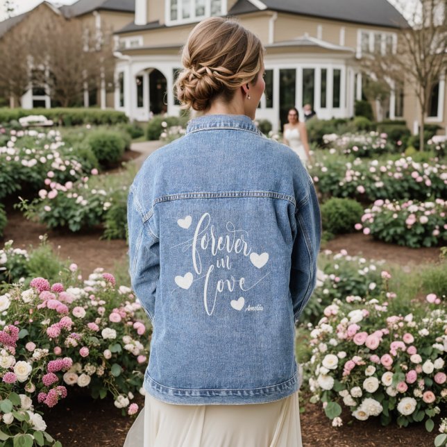 Forever in Love Script Hearts bridal favor Wedding Denim Jacket (Wedding Back)
