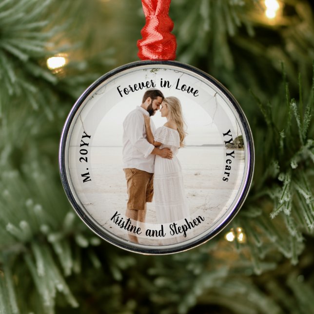 Forever in Love Wedding Anniversary Photo Metal Ornament (Tree)
