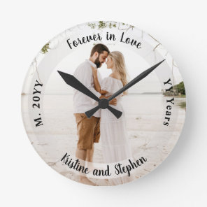 Forever in Love Wedding Anniversary Photo Round Clock