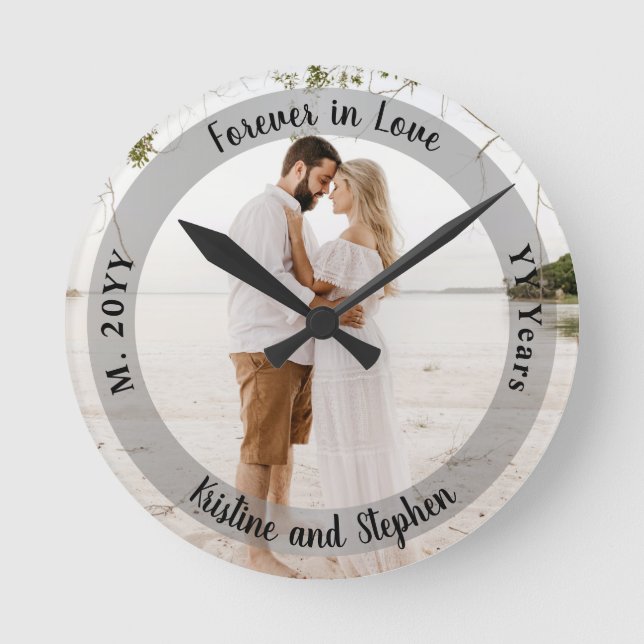 Forever in Love Wedding Anniversary Photo Round Clock (Front)
