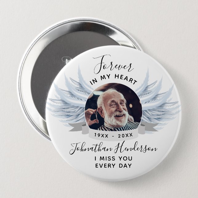 Forever In My Heart Angel Wings Photo Funeral Button (Front & Back)