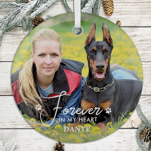 Forever in my Heart Custom Pet Dog Memorial Photo Glass Ornament