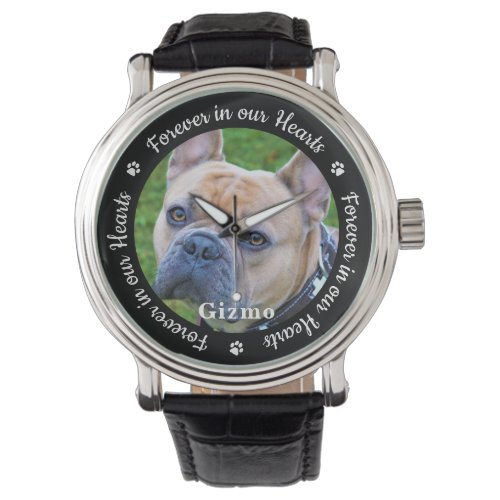 Forever in our Heart Custom Photo Pet Dog Memorial Watch - Honor your best friend with a custom photo memorial watch. This unique pet memorials keepsake is the perfect gift for yourself, family or friends to pay tribute to your loved one. We hope your dog memorial photo watch will bring you peace, joy and happy memories. 
Quote "Forever in our Hearts".
Customize with favorite pet dog or cat photos, and name . 
COPYRIGHT © 2020 Judy Burrows, Black Dog Art - All Rights Reserved. Forever in our Heart Custom Photo Pet Dog Memorial Watch