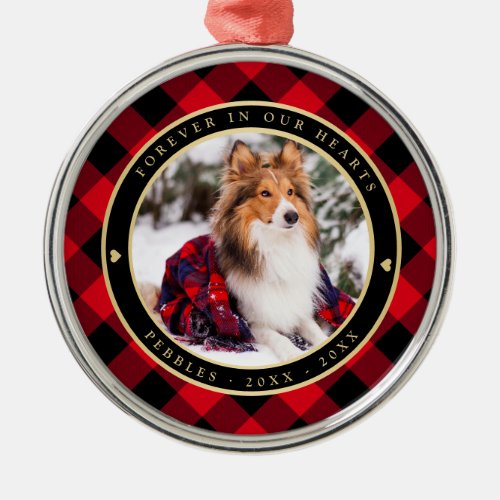 Forever in Our Heart Pet Memorial Rustic Red Plaid Metal Ornament
