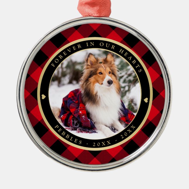 Forever in Our Heart Pet Memorial Rustic Red Plaid Metal Ornament (Front)