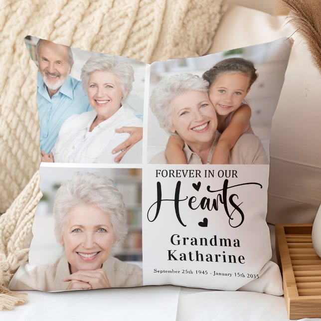 Forever in our Hearts 3 Photo Collage Memorial Throw Pillow (Creator Uploaded)