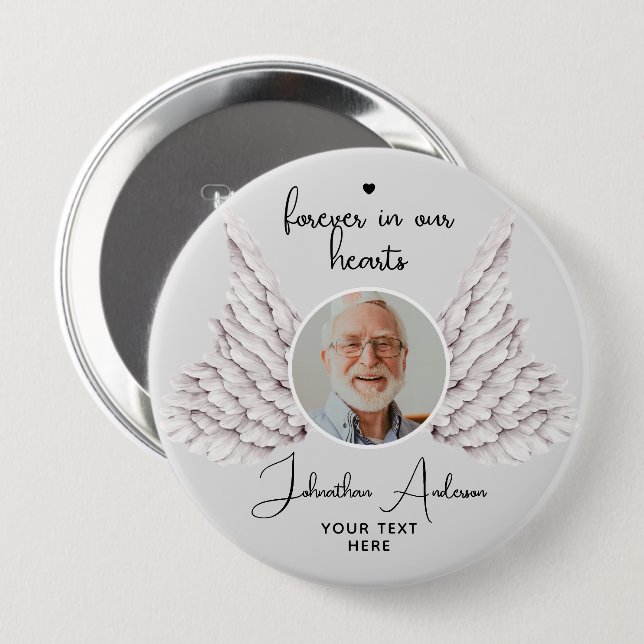 Forever In Our Hearts Angel Wings Photo Funeral Button (Front & Back)
