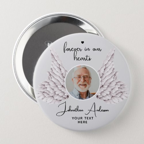 Forever In Our Hearts Angel Wings Photo Funeral Button